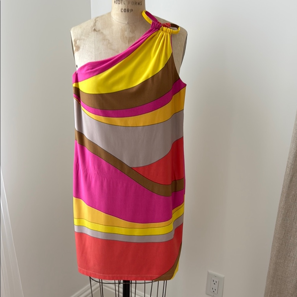 Trina Turk Pink and Yellow Asymmetrical One-Shoulder Cocktail Dress